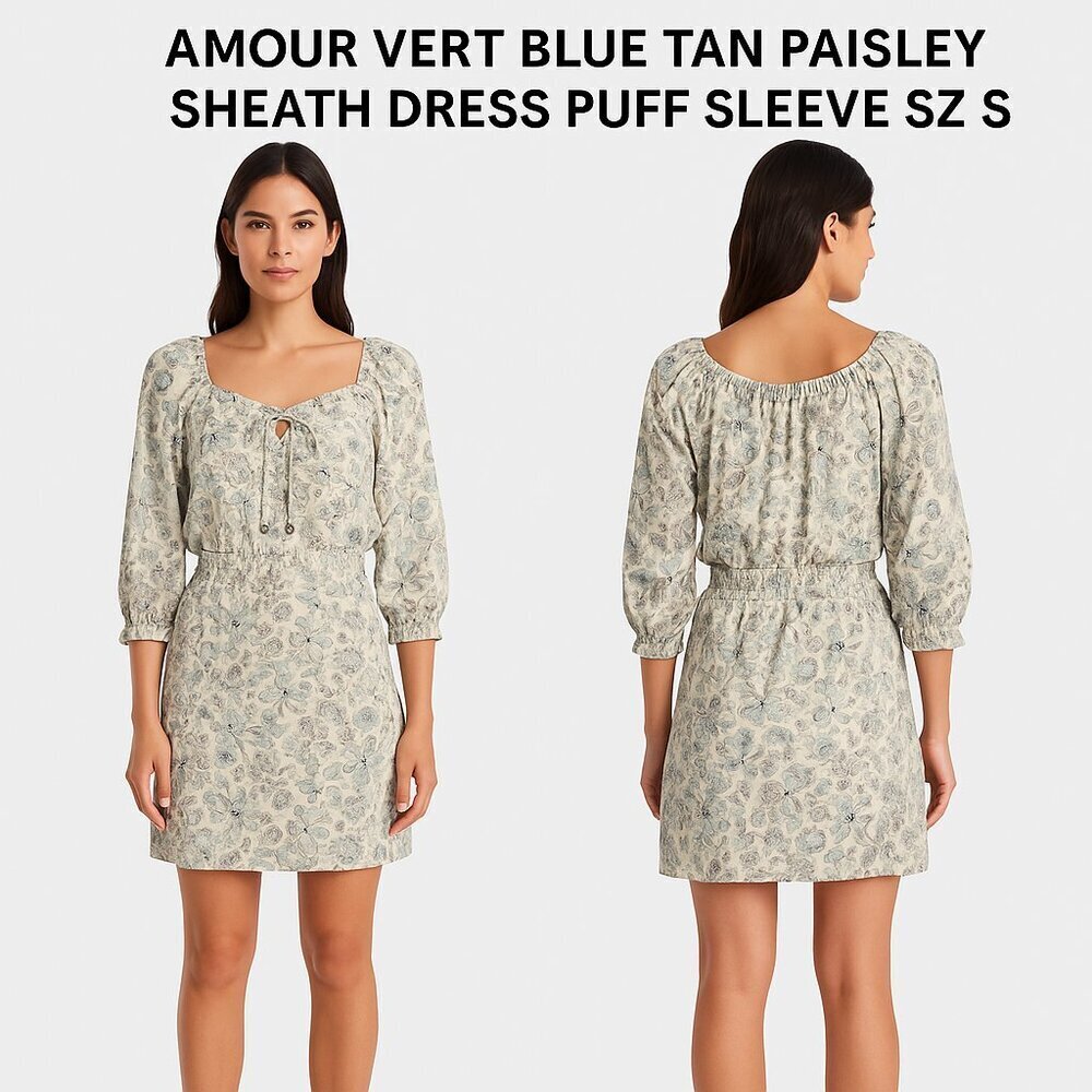 Amour Vert Blue Tan Paisley Sheath Dress Puff Sleeve Sz S